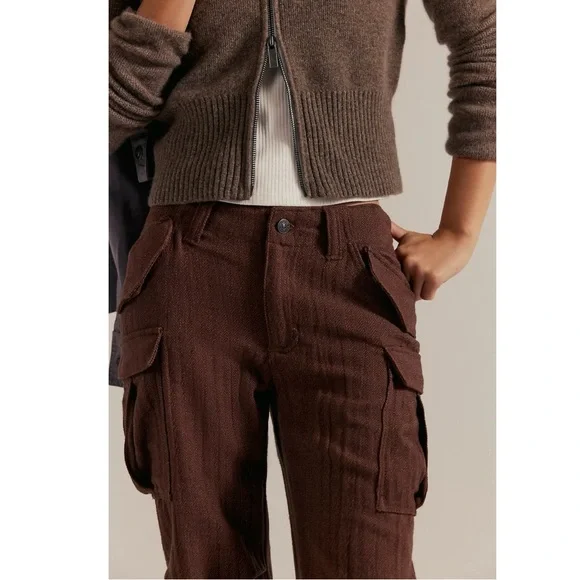 Free People Herringbone Textured Dark Academia Brown Cargo Pants Size 12 NWT - Picture 15 of 17